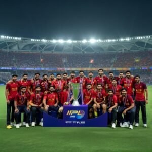 A representation of RCB team celebrating IPL 2025 final victory with trophy at Narendra Modi Stadium Ahmedabad
