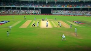 A representation of RCB batsman defending against PBKS pace bowling IPL 2025 final cricket action